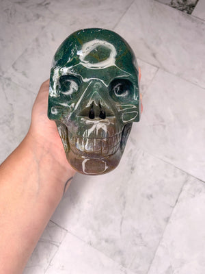 XL Natural Moss Agate Skull