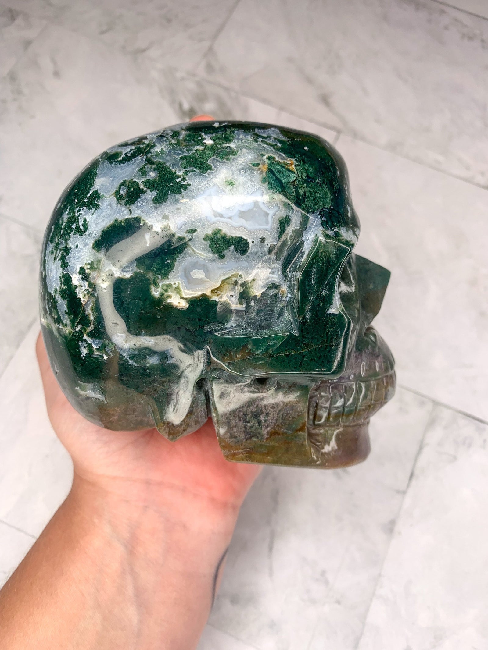 XL Natural Moss Agate Skull