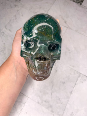 XL Natural Moss Agate Skull