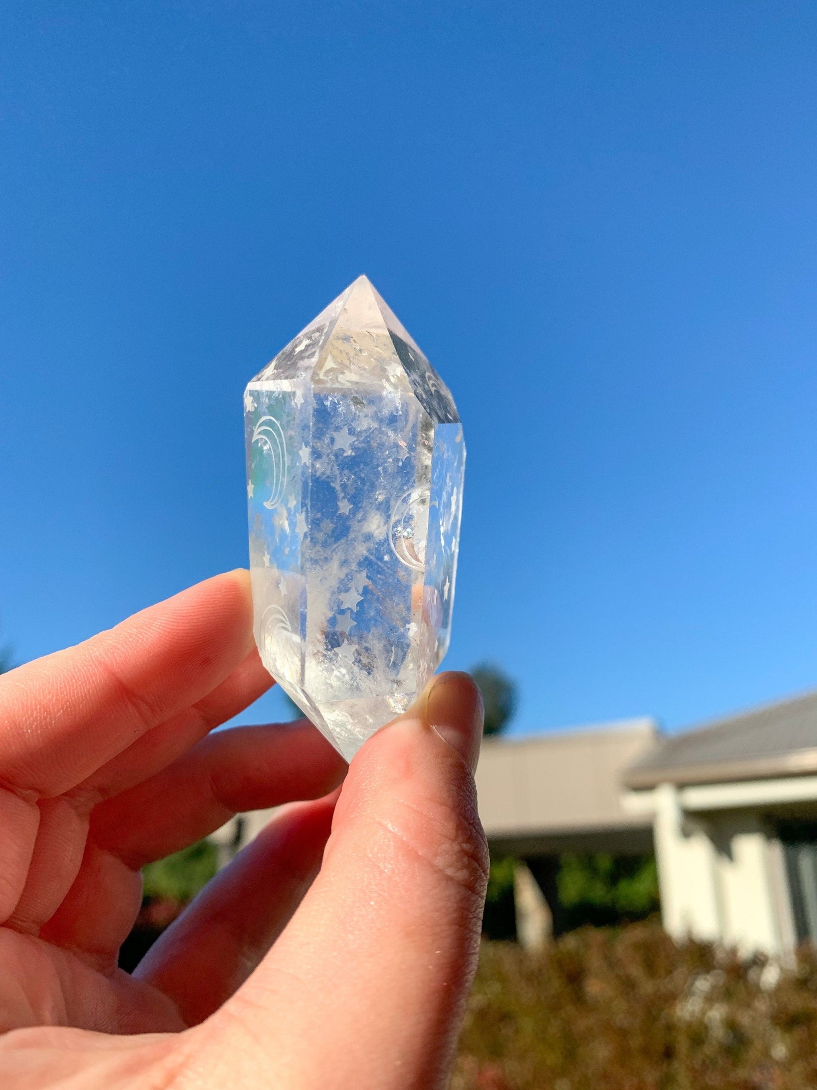 Clear Quartz Double Terminated Engraved Moon and Stars, Moon Star Clear Quartz Wand, Point, Generator, Chakra Healing, Meditation, Present