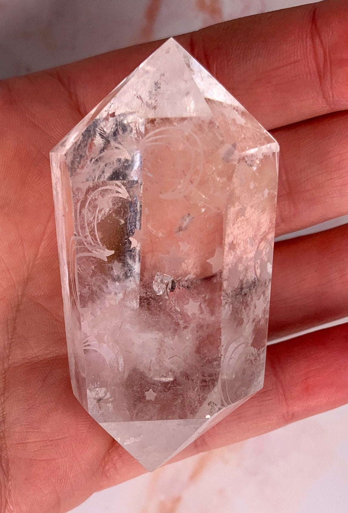 Clear Quartz Double Terminated Engraved Moon and Stars, Moon Star Clear Quartz Wand, Point