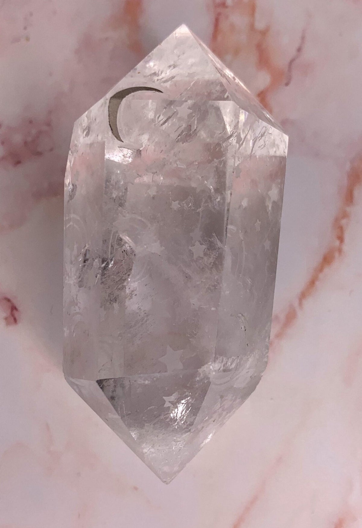 Clear Quartz Double Terminated Engraved Moon and Stars, Moon Star Clear Quartz Wand, Point