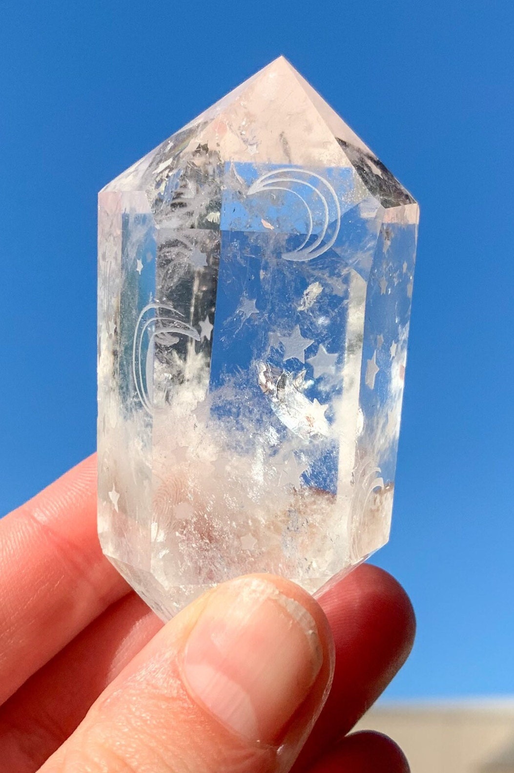 Clear Quartz Double Terminated Engraved Moon and Stars, Moon Star Clear Quartz Wand, Point