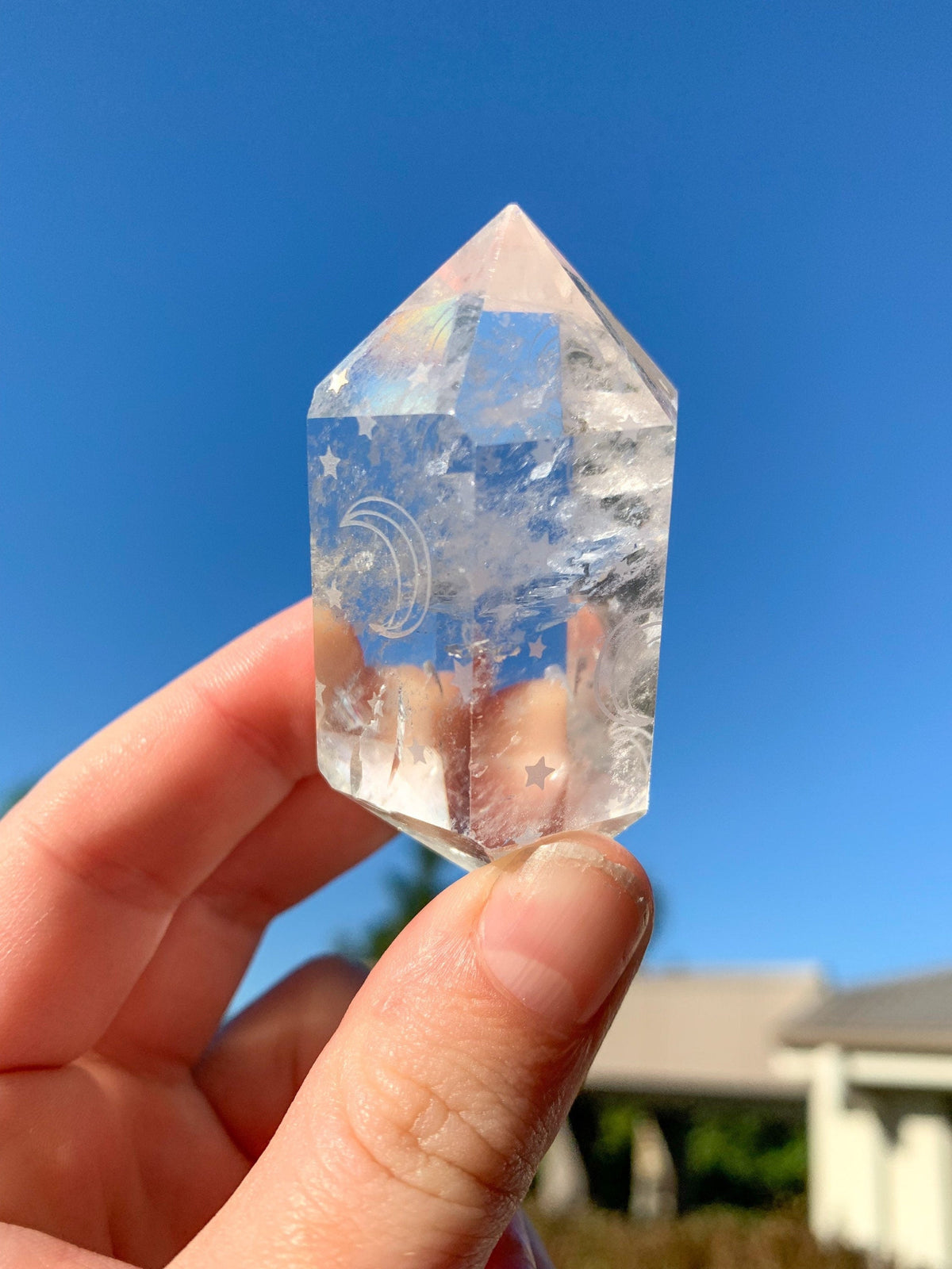 Clear Quartz Double Terminated Engraved Moon and Stars, Moon Star Clear Quartz Wand, Point, Generator, Chakra Healing, Meditation, Present