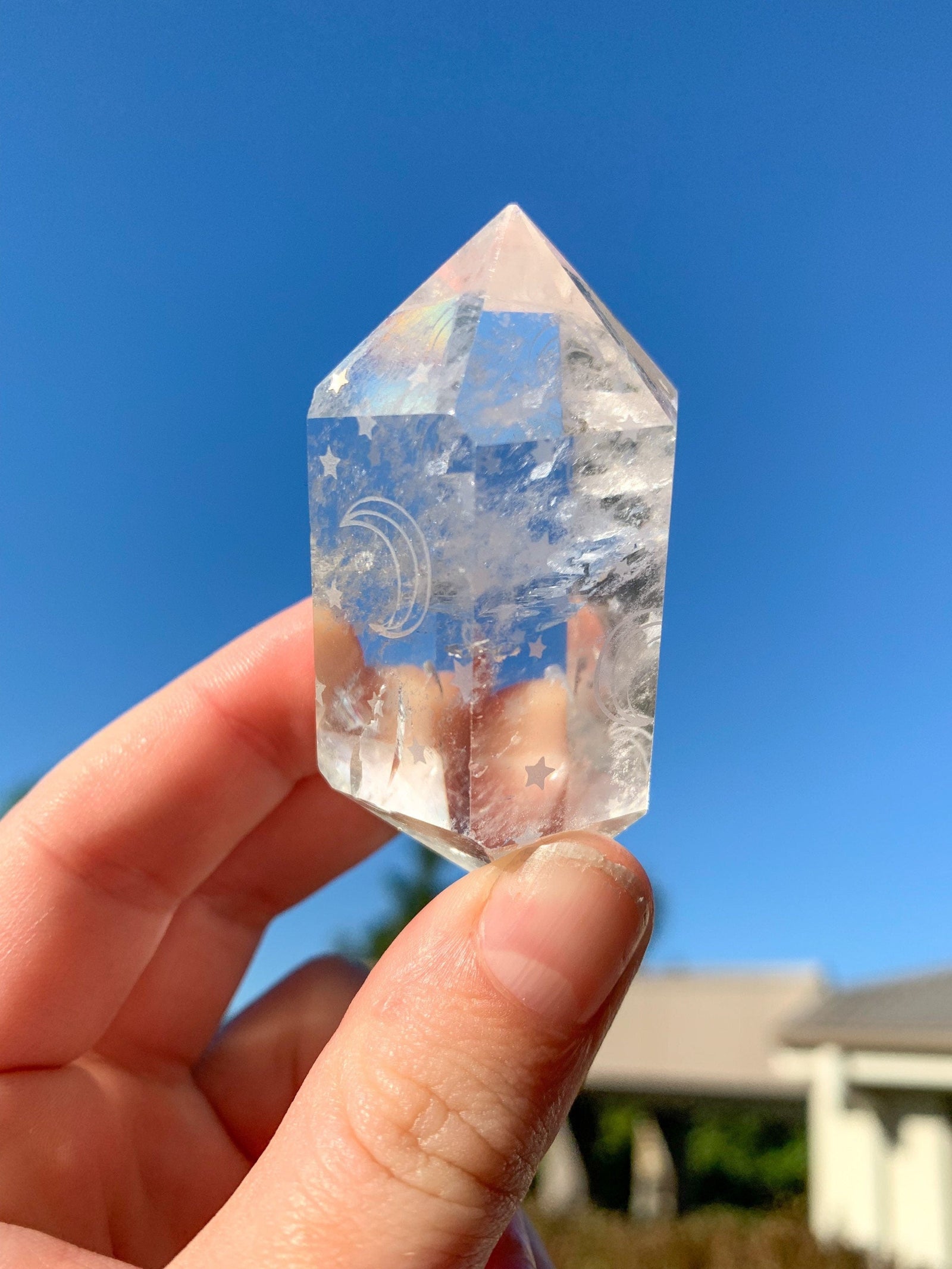 Clear Quartz Double Terminated Engraved Moon and Stars, Moon Star Clear Quartz Wand, Point, Generator, Chakra Healing, Meditation, Present