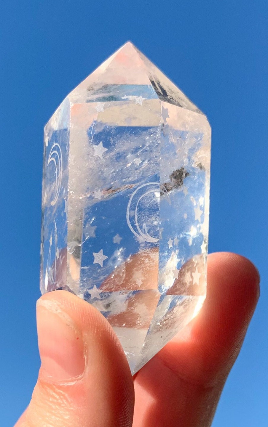 Clear Quartz Double Terminated Engraved Moon and Stars, Moon Star Clear Quartz Wand, Point, Generator, Chakra Healing, Meditation, Present