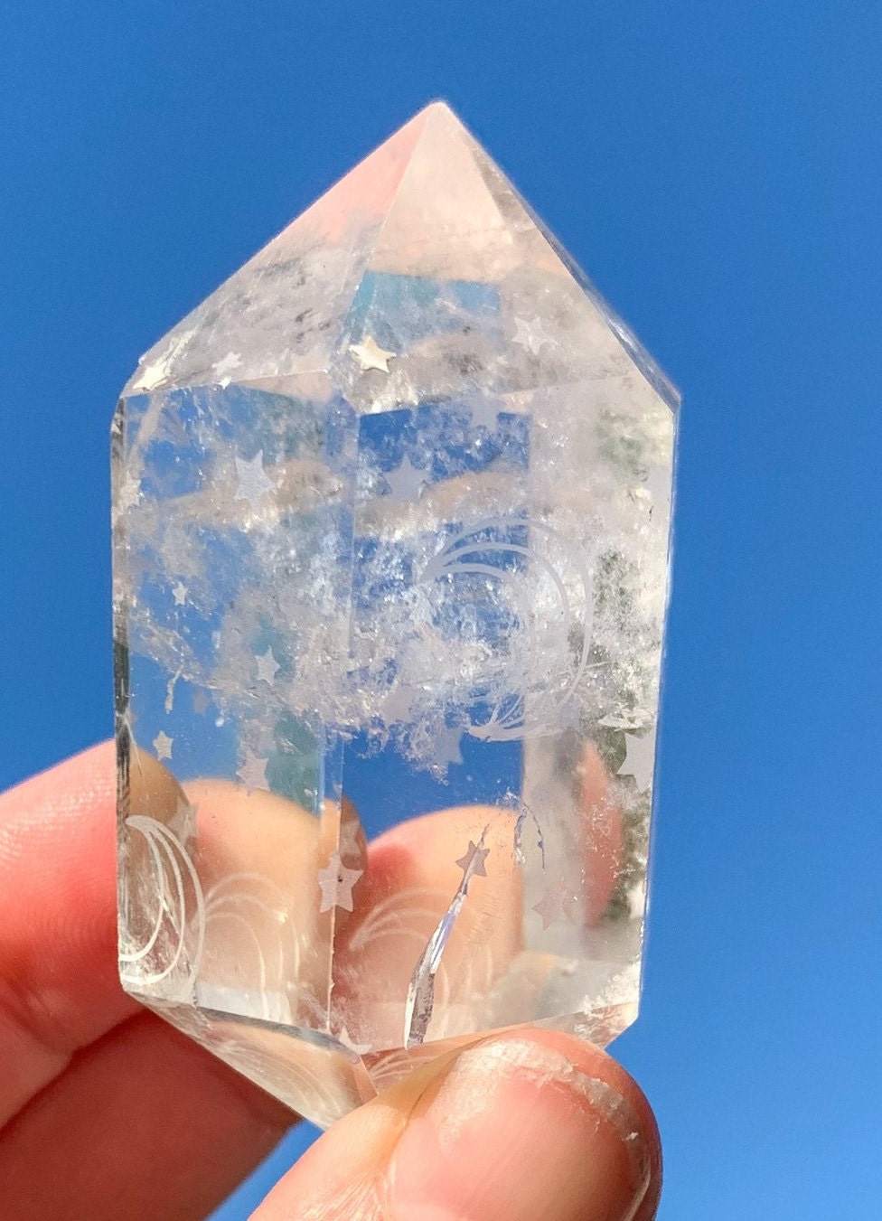 Clear Quartz Double Terminated Engraved Moon and Stars