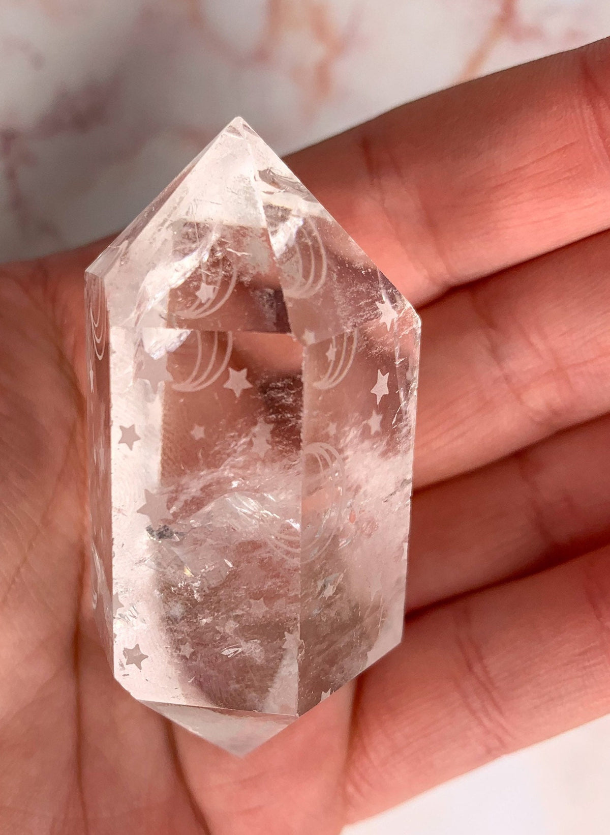 Clear Quartz Double Terminated Engraved Moon and Stars