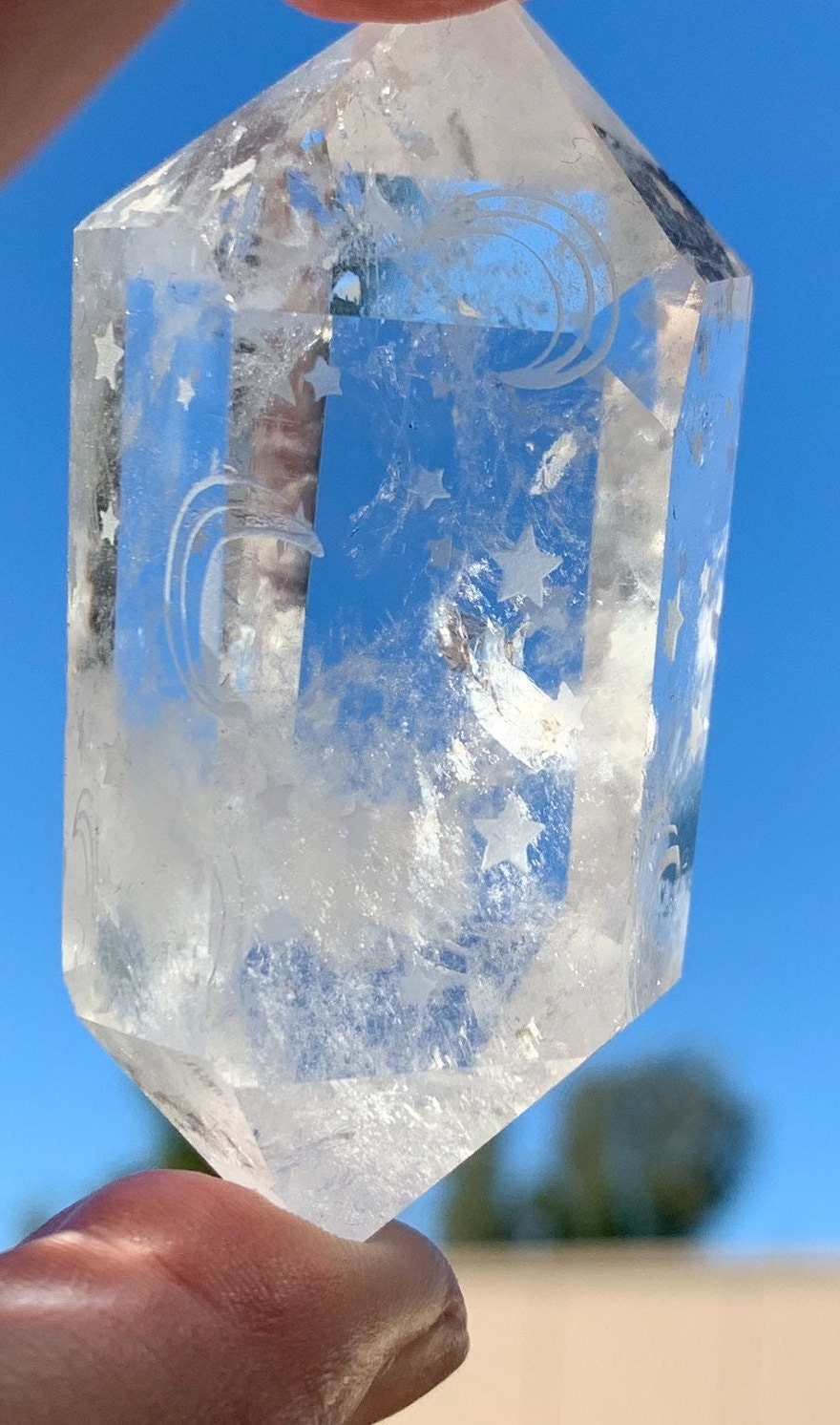 Clear Quartz Double Terminated Engraved Moon and Stars, Moon Star Clear Quartz Wand, Point, Generator, Chakra Healing, Meditation, Present
