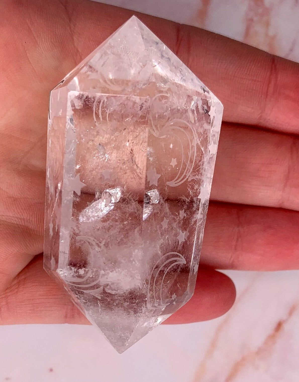 Clear Quartz Double Terminated Engraved Moon and Stars, Moon Star Clear Quartz Wand, Point