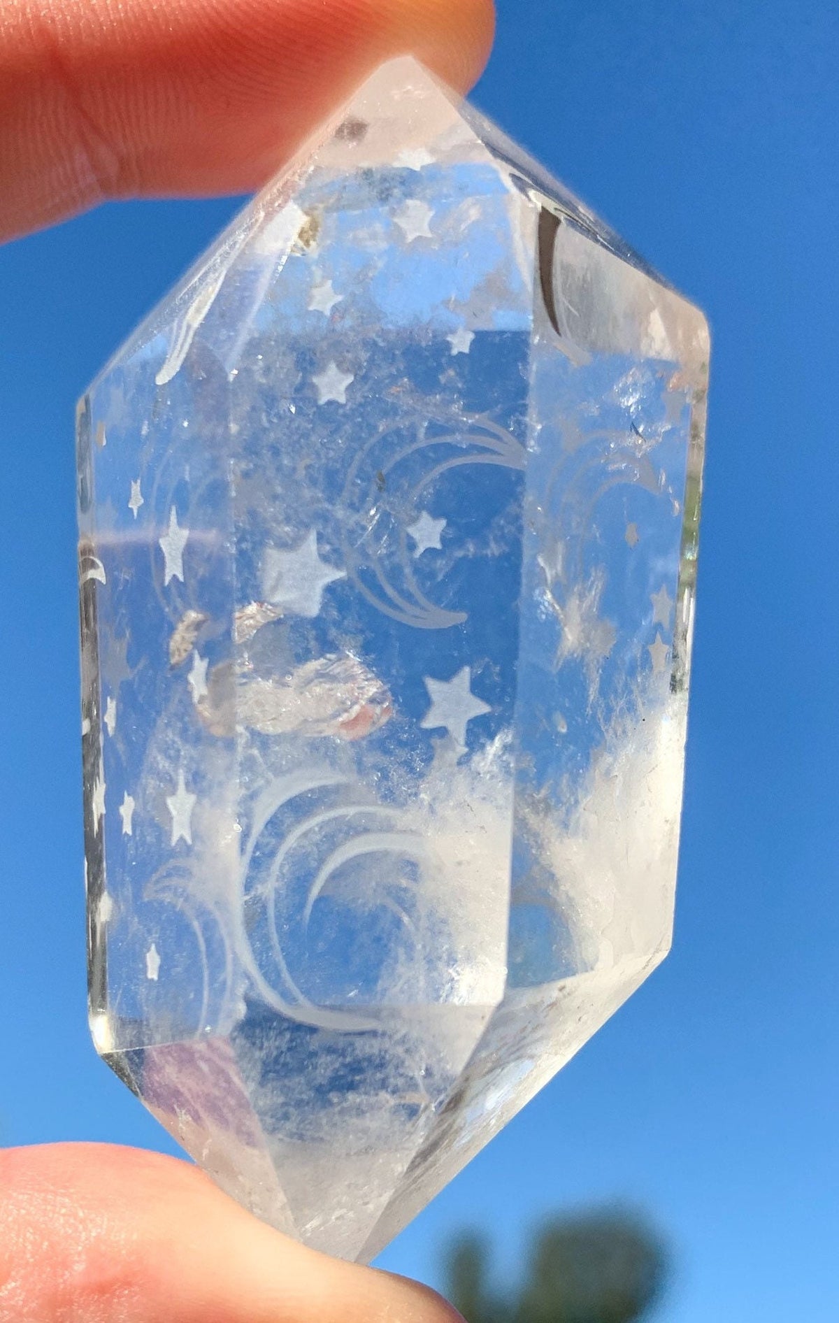 Clear Quartz Double Terminated Engraved Moon and Stars, Moon Star Clear Quartz Wand, Point