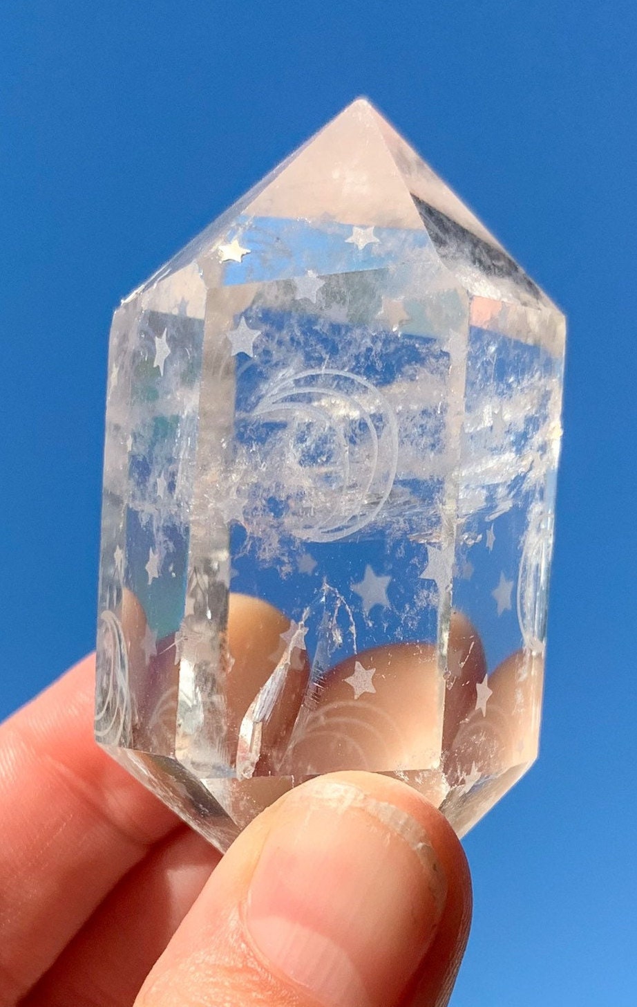 Clear Quartz Double Terminated Engraved Moon and Stars