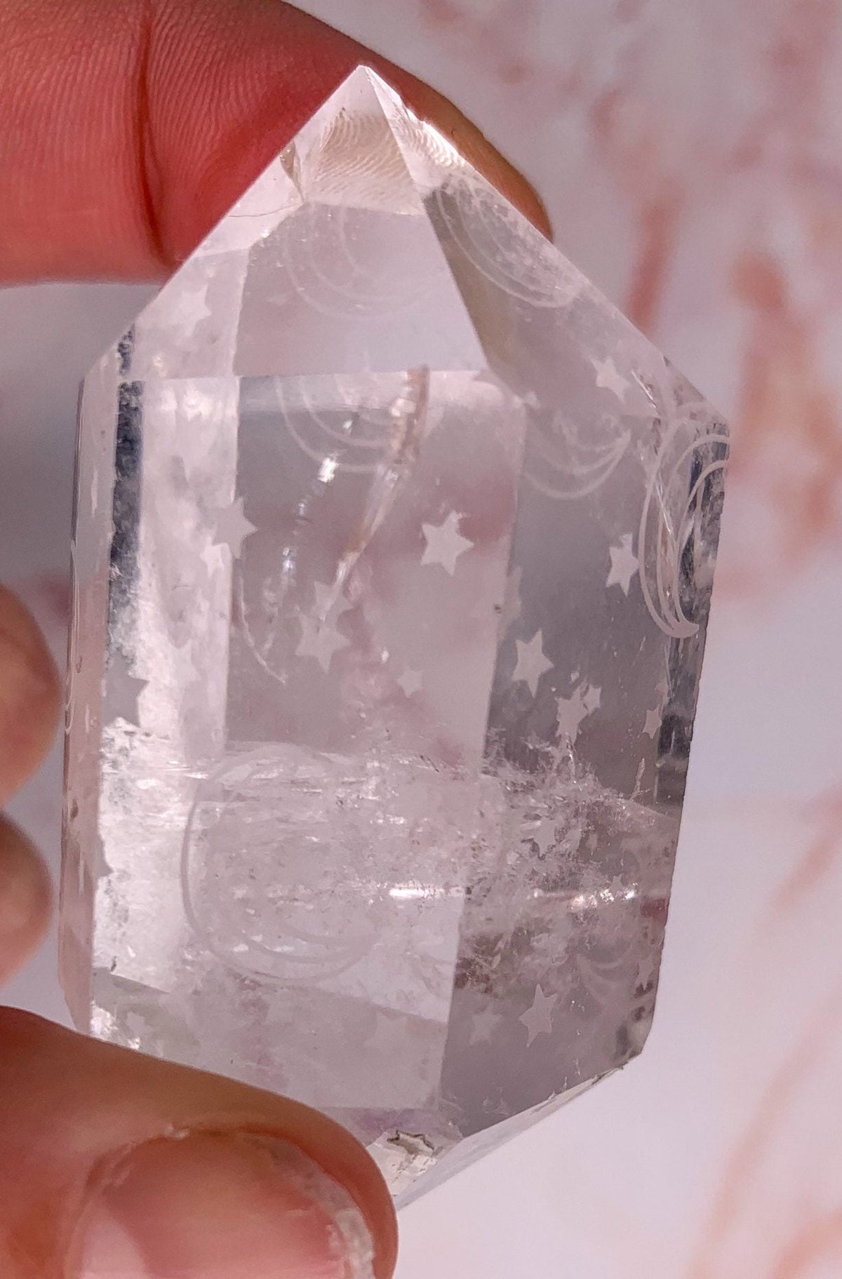 Clear Quartz Double Terminated Engraved Moon and Stars
