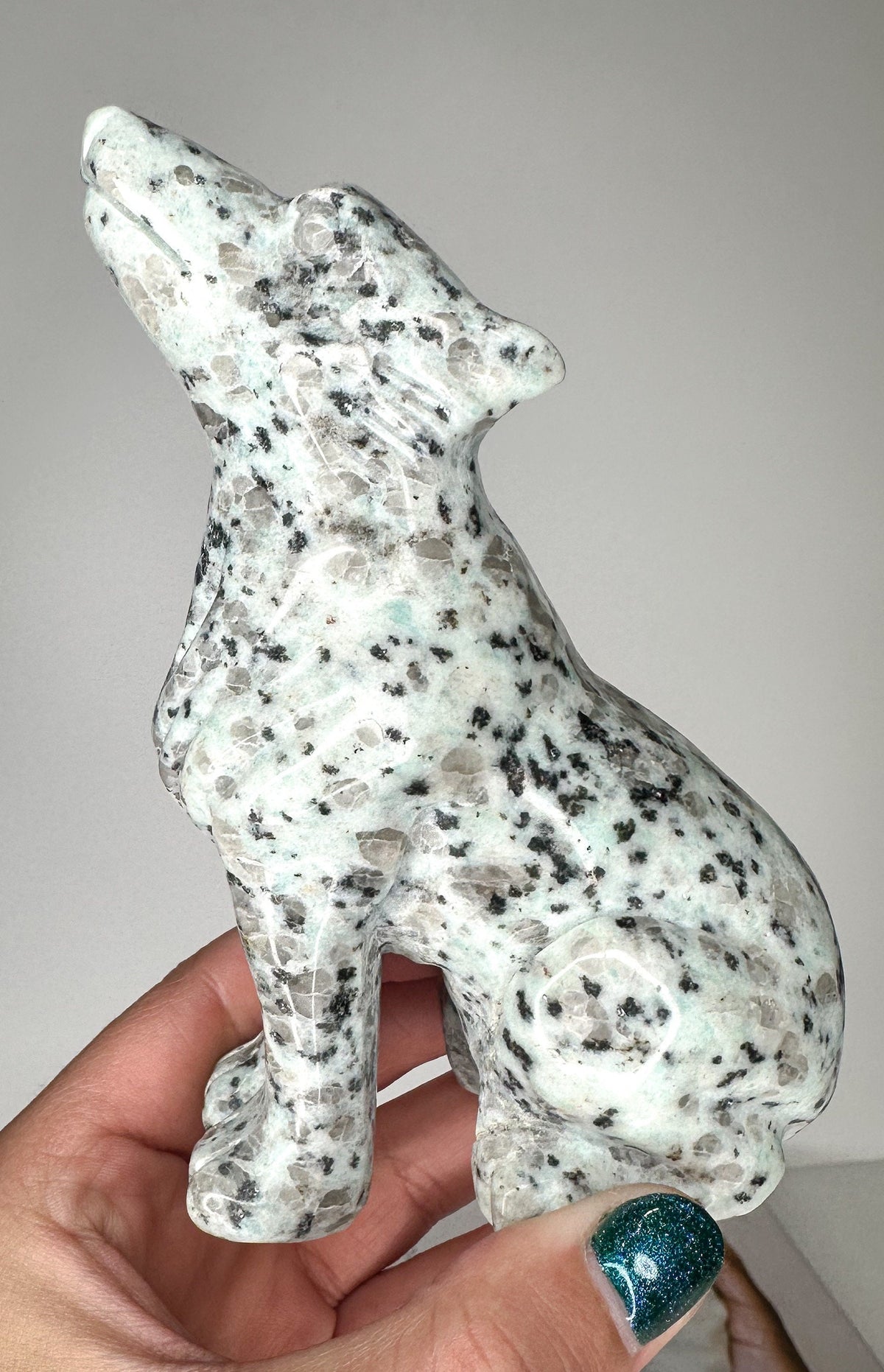 Large Kiwi Jasper Crystal Wolf Carving