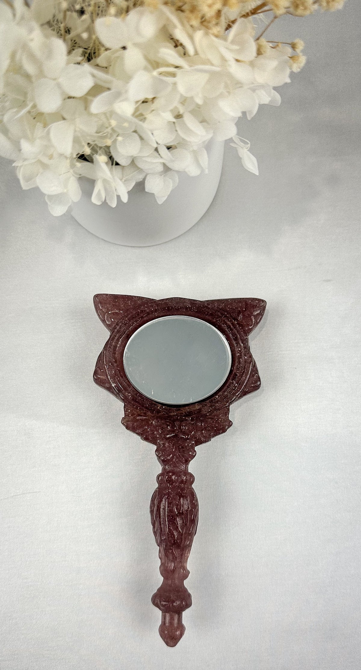 Adorable Cat-Shaped Strawberry Quartz Mirror - One of a Kind