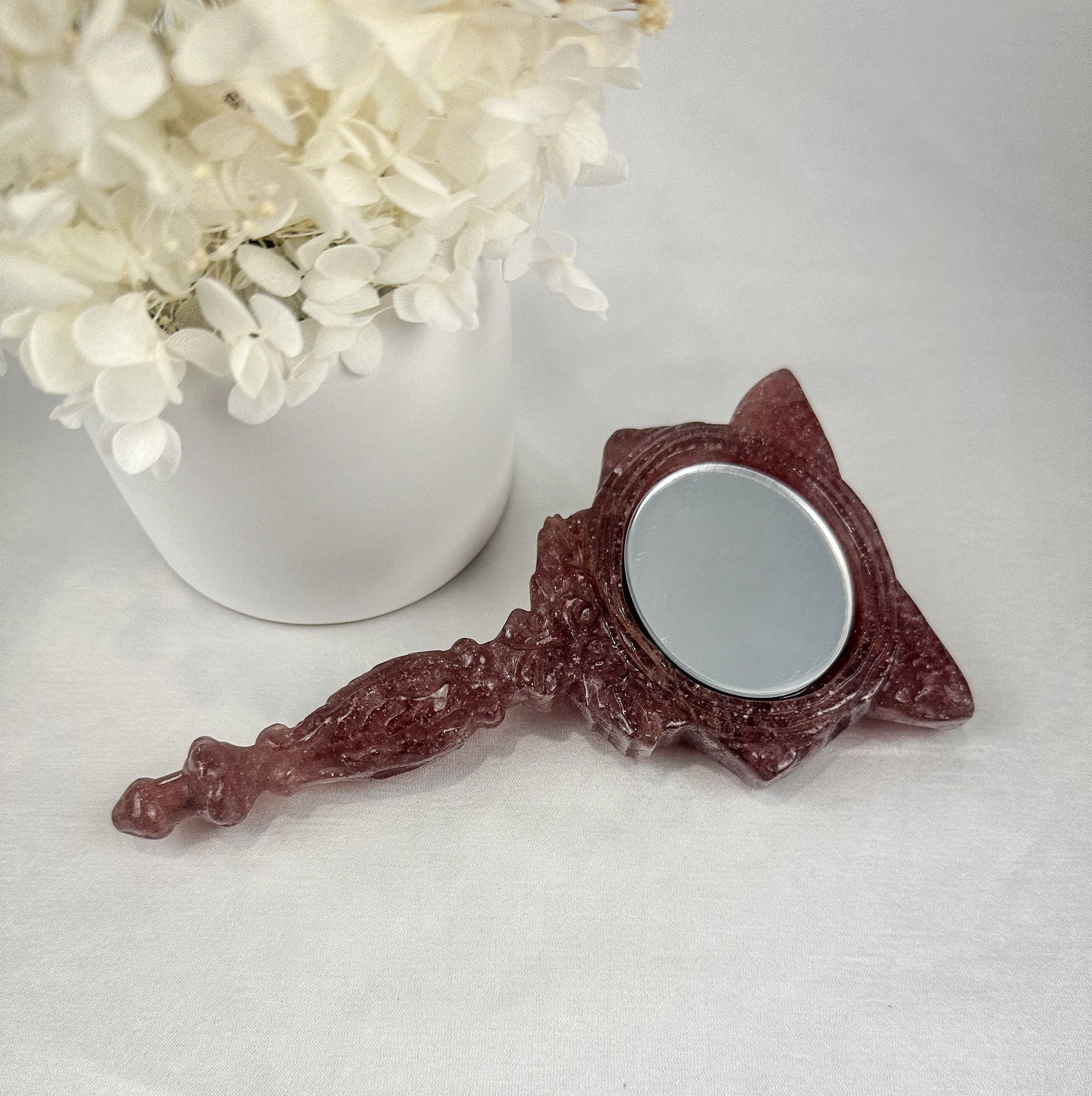 Adorable Cat-Shaped Strawberry Quartz Mirror - One of a Kind