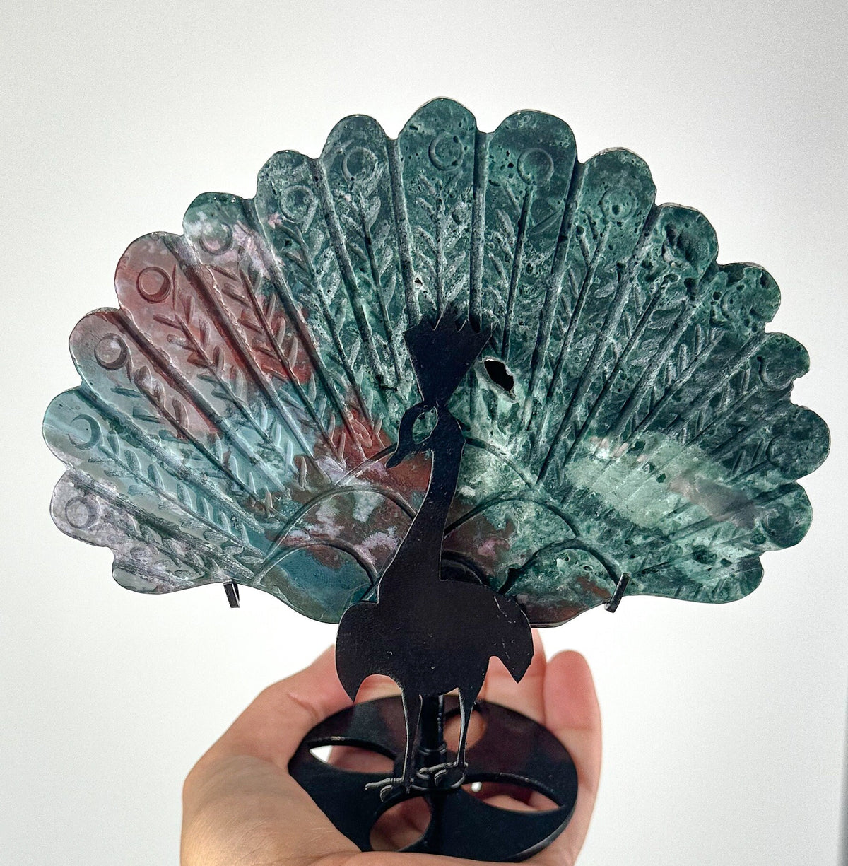 Unique Ocean Jasper & Malachite Carved Wing on Peacock Stand