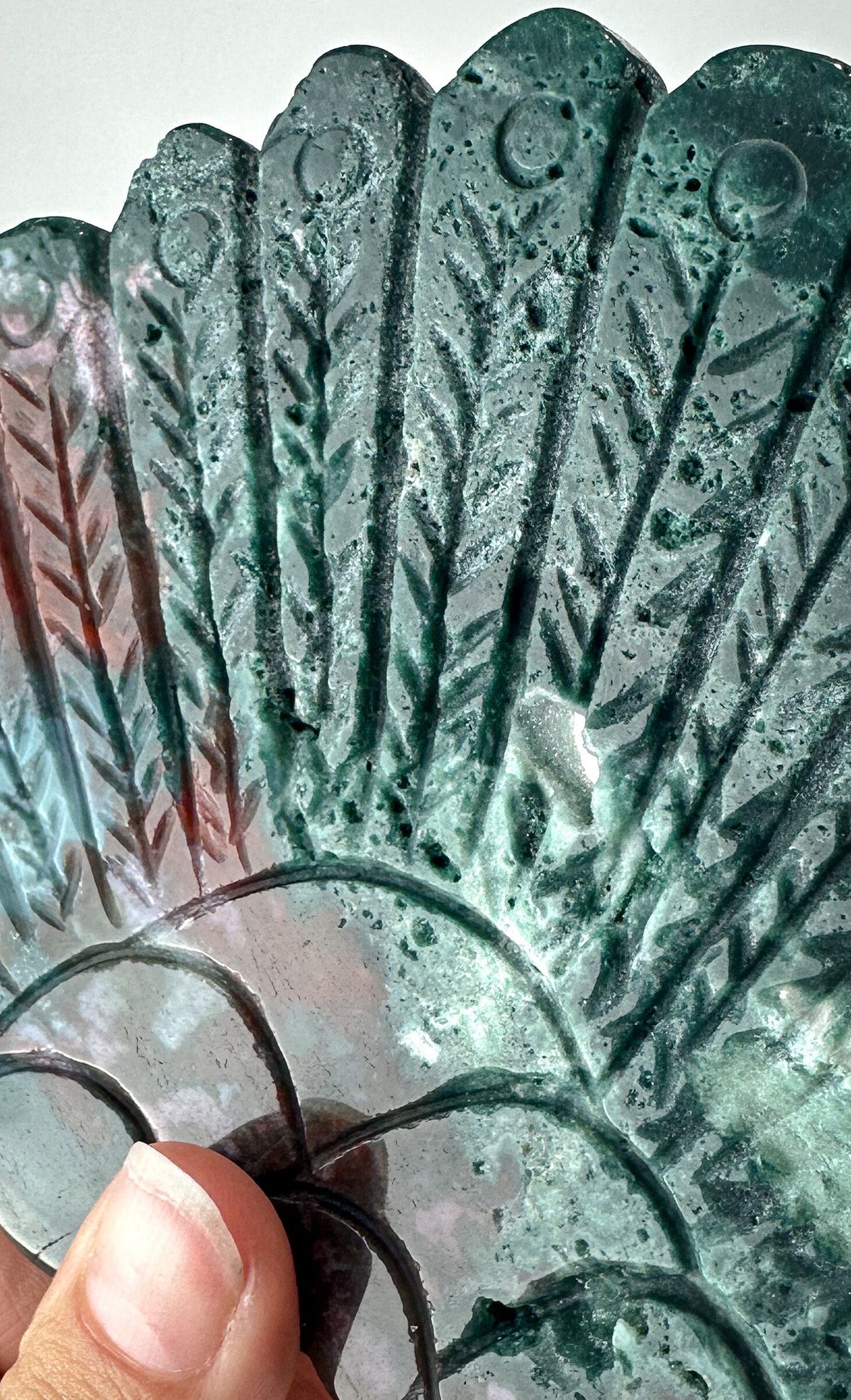 Unique Ocean Jasper & Malachite Carved Wing on Peacock Stand