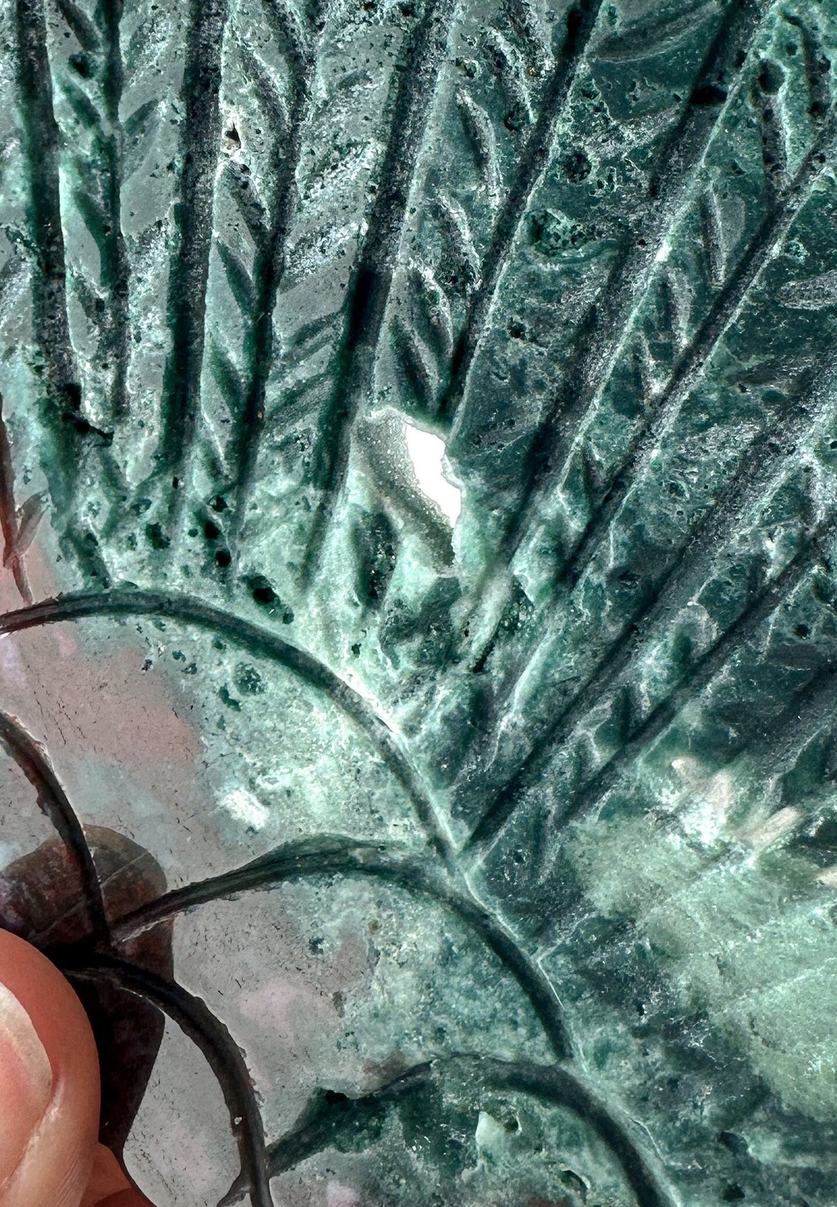 Unique Ocean Jasper & Malachite Carved Wing on Peacock Stand