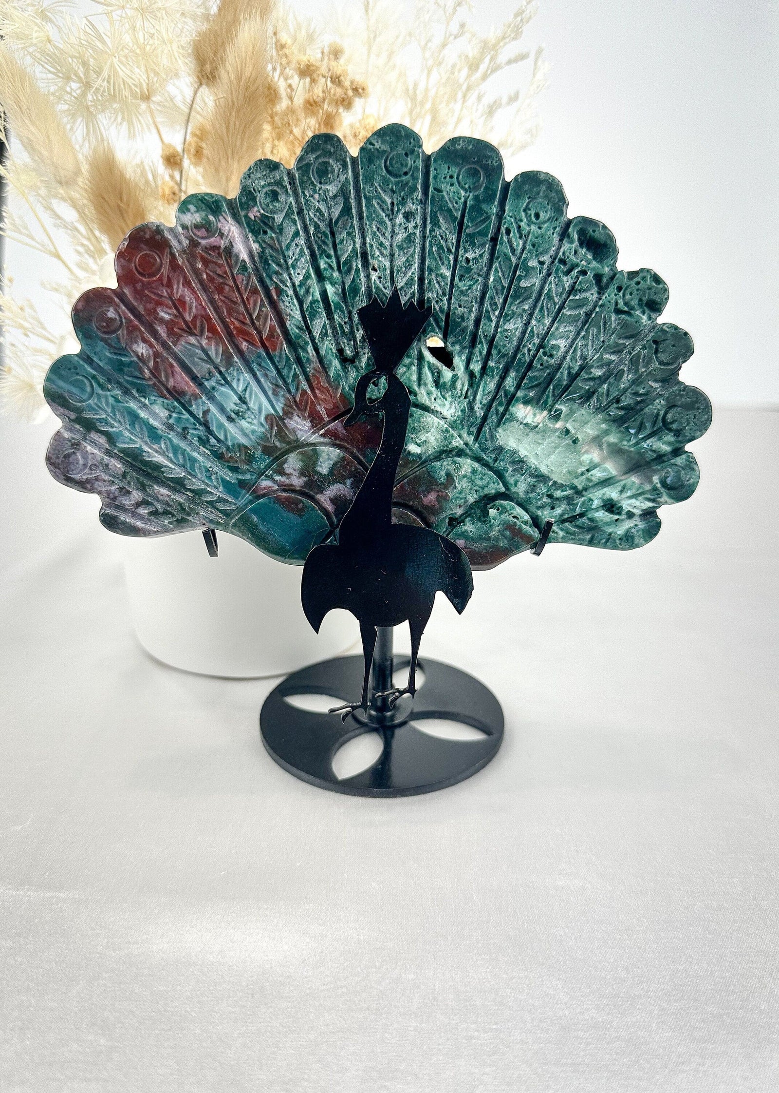 Unique Ocean Jasper & Malachite Carved Wing on Peacock Stand