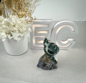 Large Natural Moss Agate French Bulldog Carving