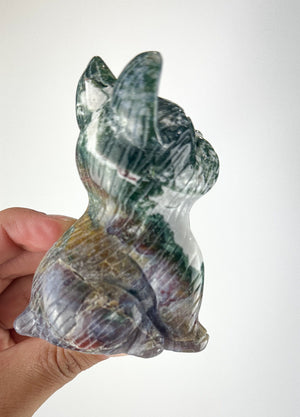 Large Natural Moss Agate French Bulldog Carving