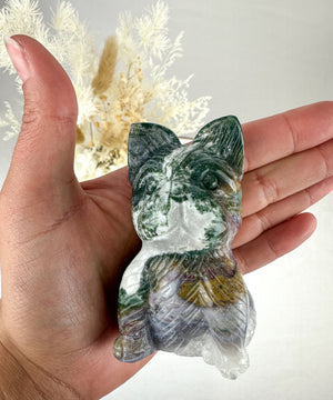 Large Natural Moss Agate French Bulldog Carving