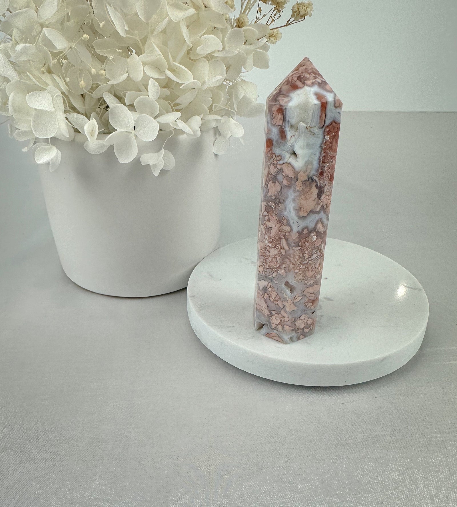 Enchanting Pink Agate Tower with Druzy Pockets - Small & Unique