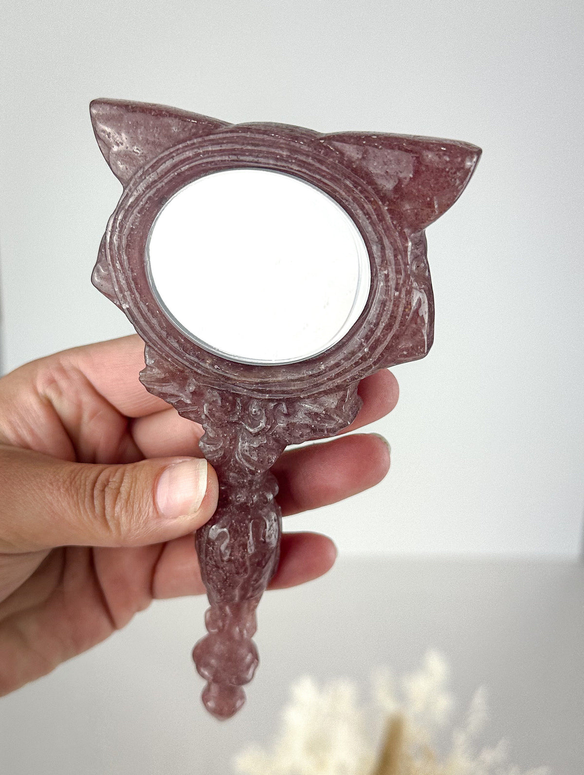 Adorable Cat-Shaped Strawberry Quartz Mirror - One of a Kind