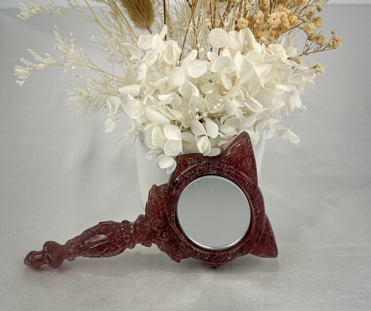 Adorable Cat-Shaped Strawberry Quartz Mirror - One of a Kind