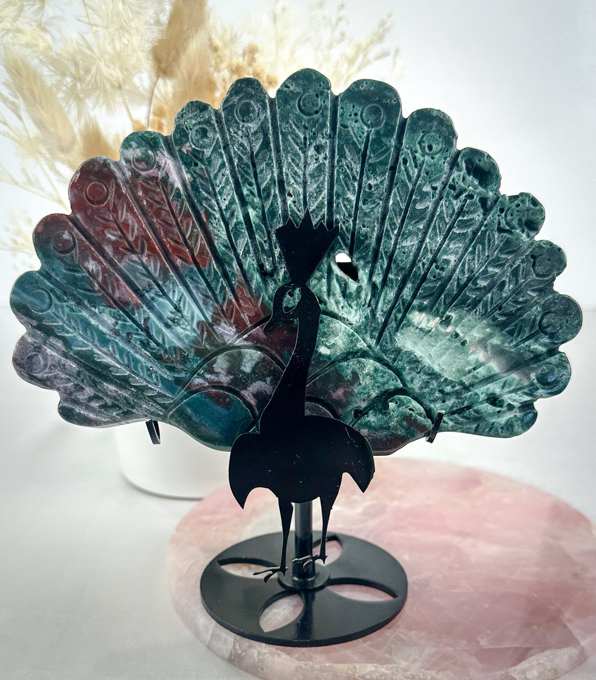 Unique Ocean Jasper & Malachite Carved Wing on Peacock Stand