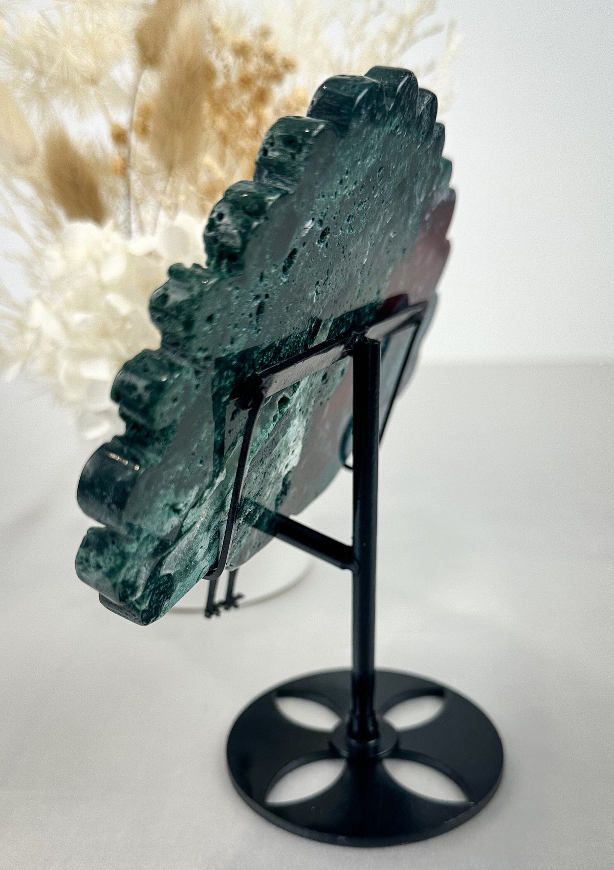 Unique Ocean Jasper & Malachite Carved Wing on Peacock Stand