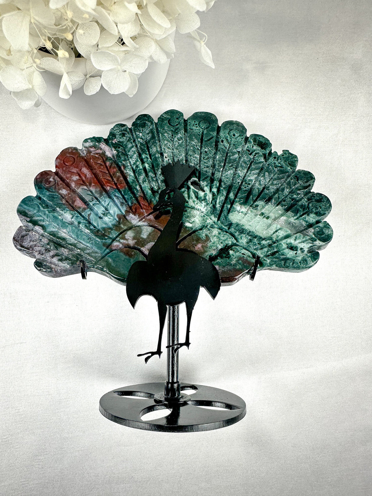 Unique Ocean Jasper & Malachite Carved Wing on Peacock Stand