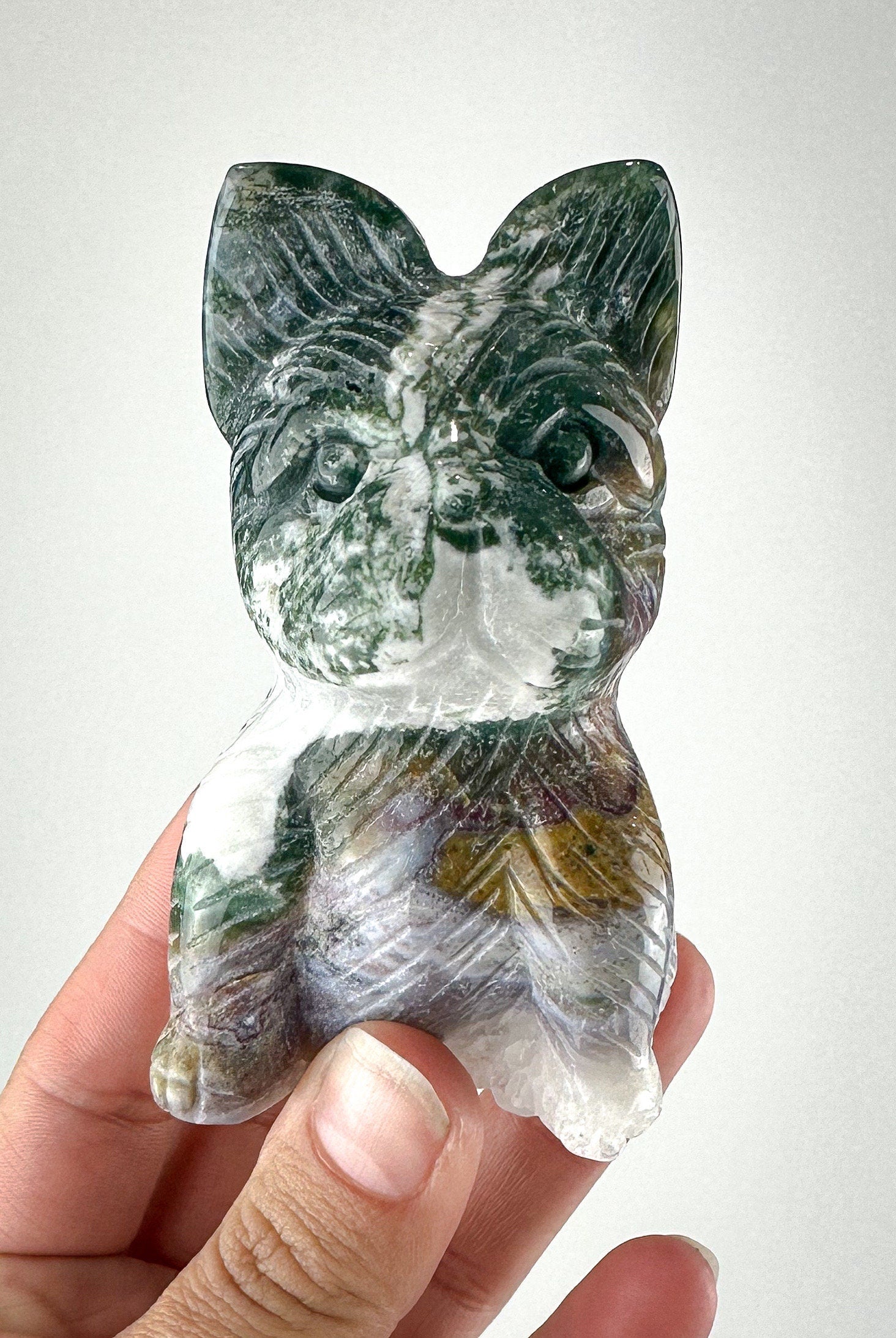 Large Natural Moss Agate French Bulldog Carving, Agate Crystal Dog, Gemstone Home Decor, Reiki Chakra Healing