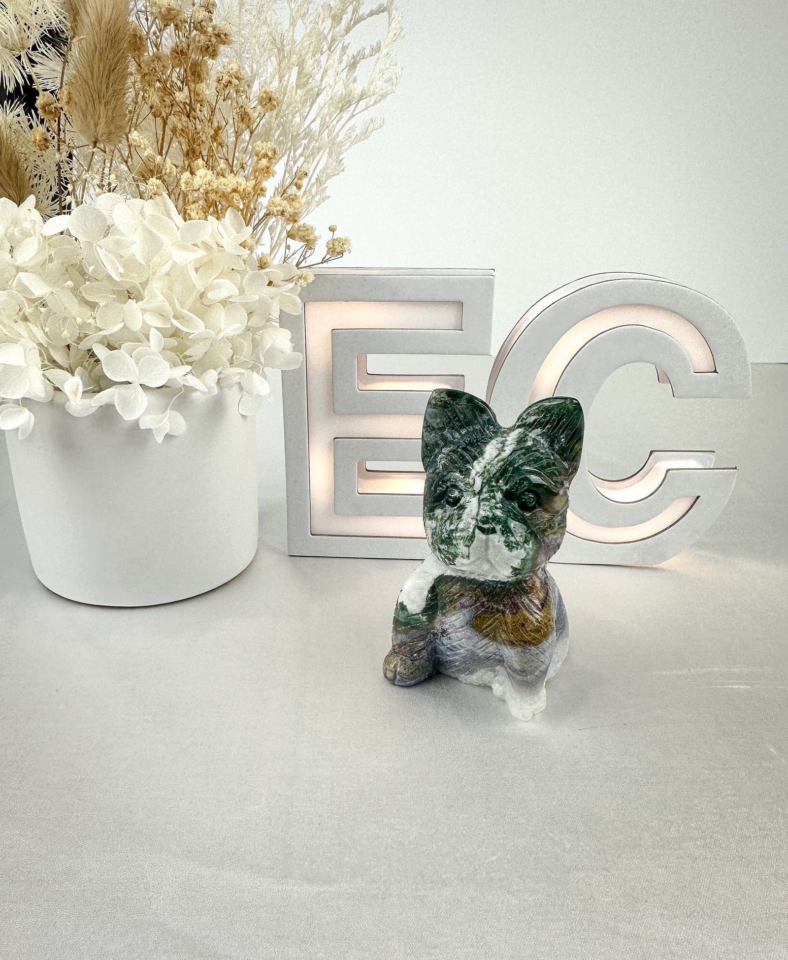 Large Natural Moss Agate French Bulldog Carving, Agate Crystal Dog, Gemstone Home Decor, Reiki Chakra Healing