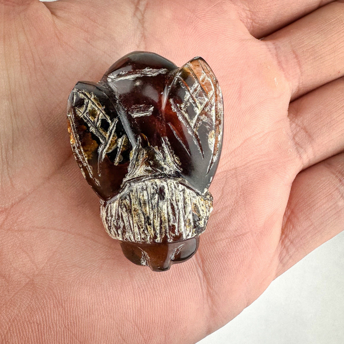 Hand-Carved Amber Bee - Honeybee Sculpture with Varied Amber Tones