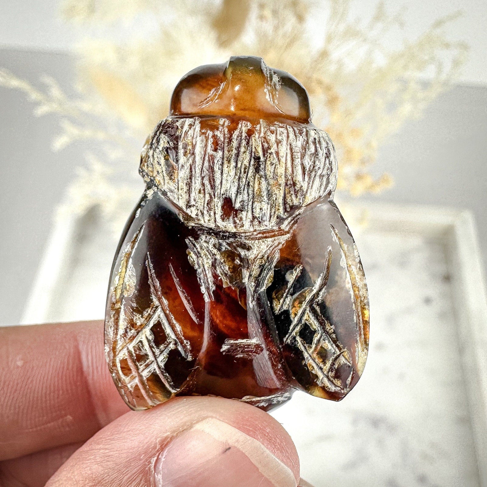 Exclusive Hand-Carved Amber Bee - Unique Honeybee Sculpture with Varied Amber Tones